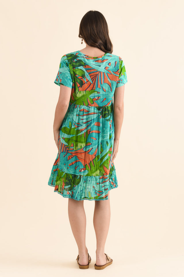 Marisol Teal Leaf Crinkle Cotton Dress,Back,Brunette model,alt text|model:MJ image 4