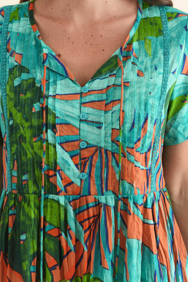 Marisol Teal Leaf Crinkle Cotton Dress,Detail,Brunette model,alt text|model:MJ image 5