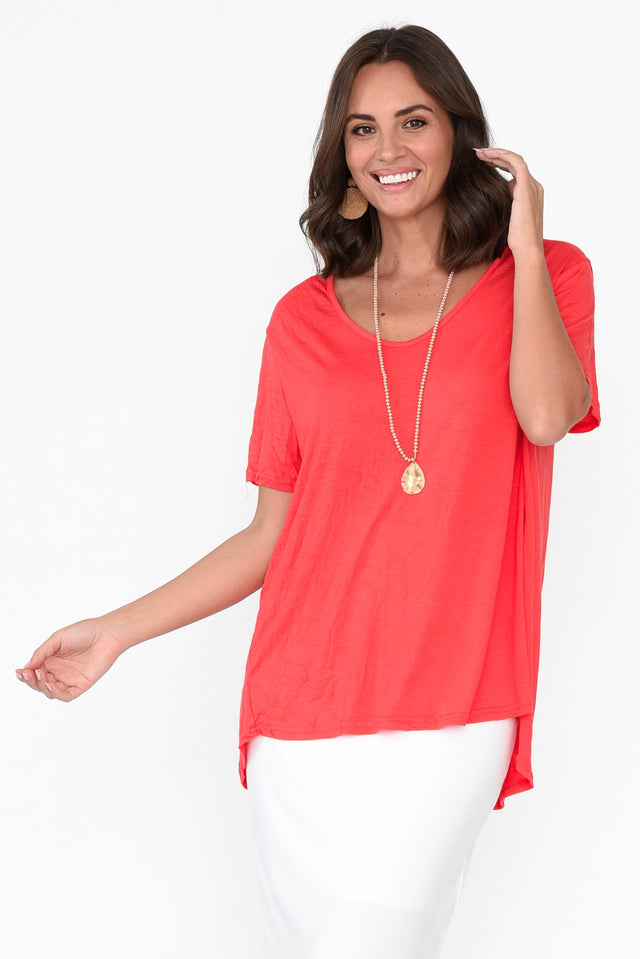 Marley Coral Crinkle Cotton Short Sleeve Top