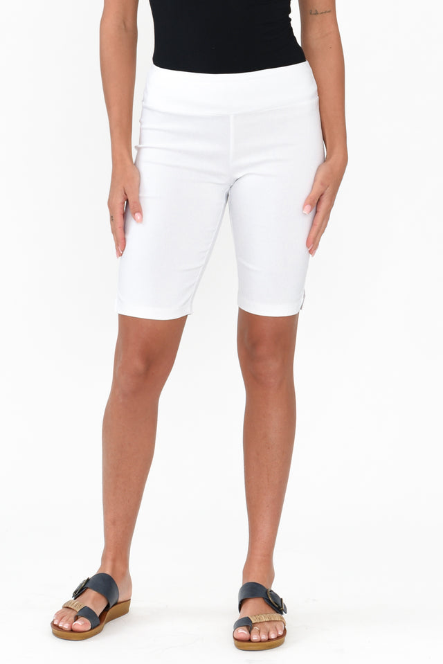 Marlo White Side Split Shorts length_Above Knee print_Plain colour_White SHORTS   alt text|model:Brontie;wearing:XS