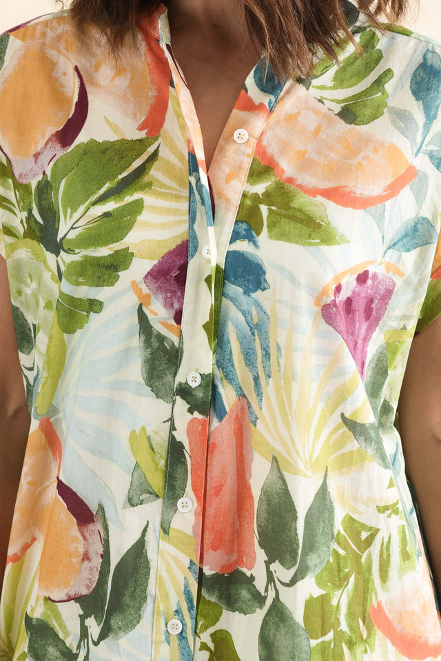 Marlowe Yellow Fruity Cotton Button Dress,Detail,Brunette model,alt text|model:Cara image 5