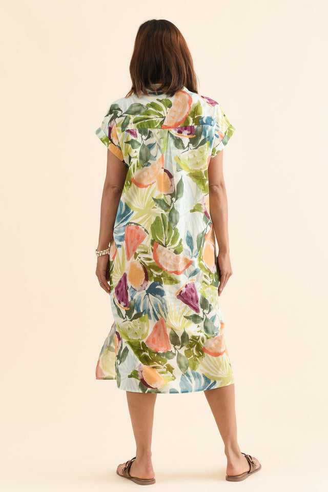 Marlowe Yellow Fruity Cotton Button Dress,Back,Brunette model,alt text|model:Cara image 4