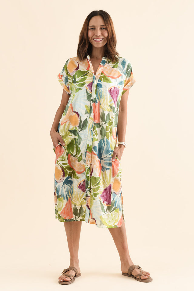 Marlowe Yellow Fruity Cotton Button Dress,Front,Brunette model,alt text|model:Cara image 1