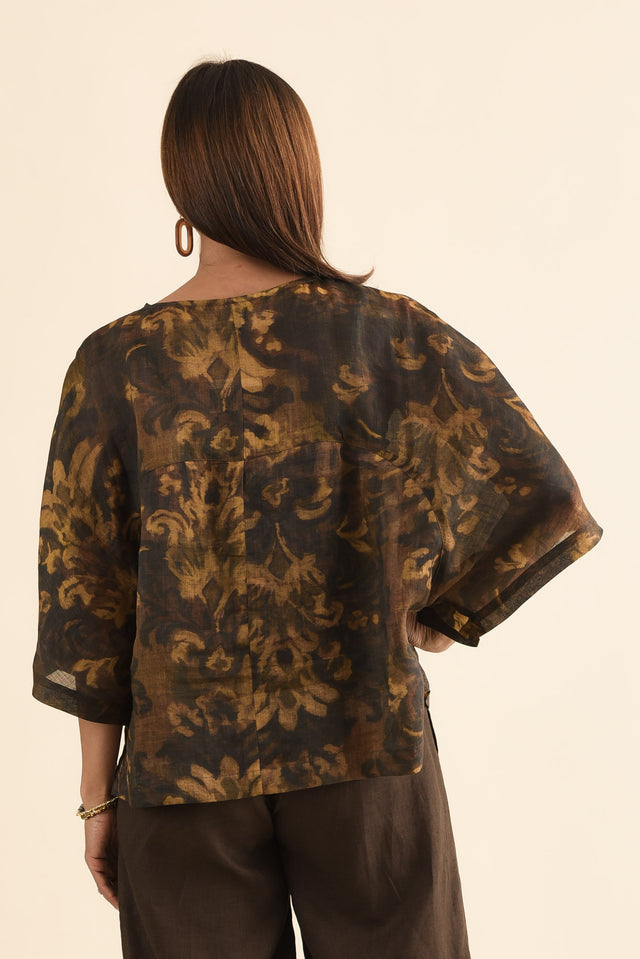 Massimo Yellow Floral Scoop Neck Tee,Back,Brunette model,alt text|model:Cara image 4