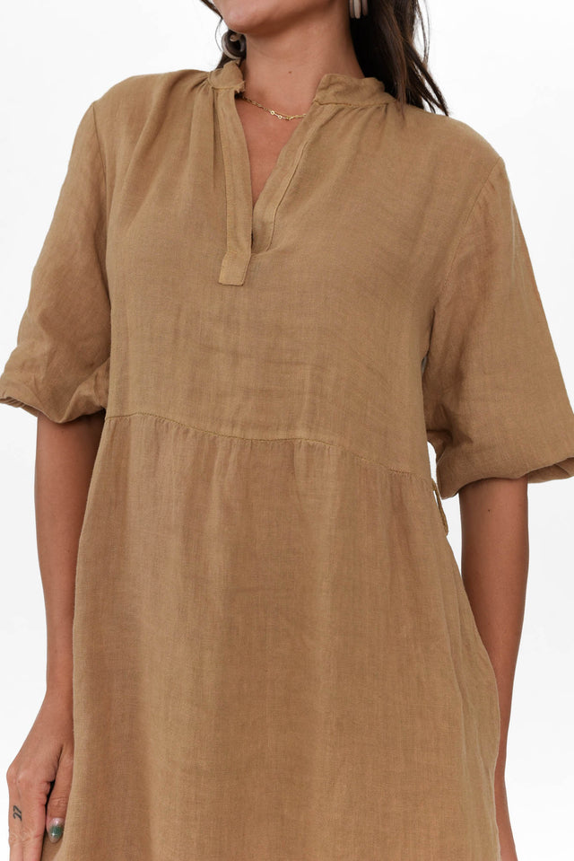 Mattea Camel Linen Ruffle Dress