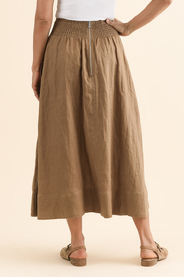 Mayan Tan Linen Pocket Skirt,Back,Brunette model,alt text|model:Cara image 4
