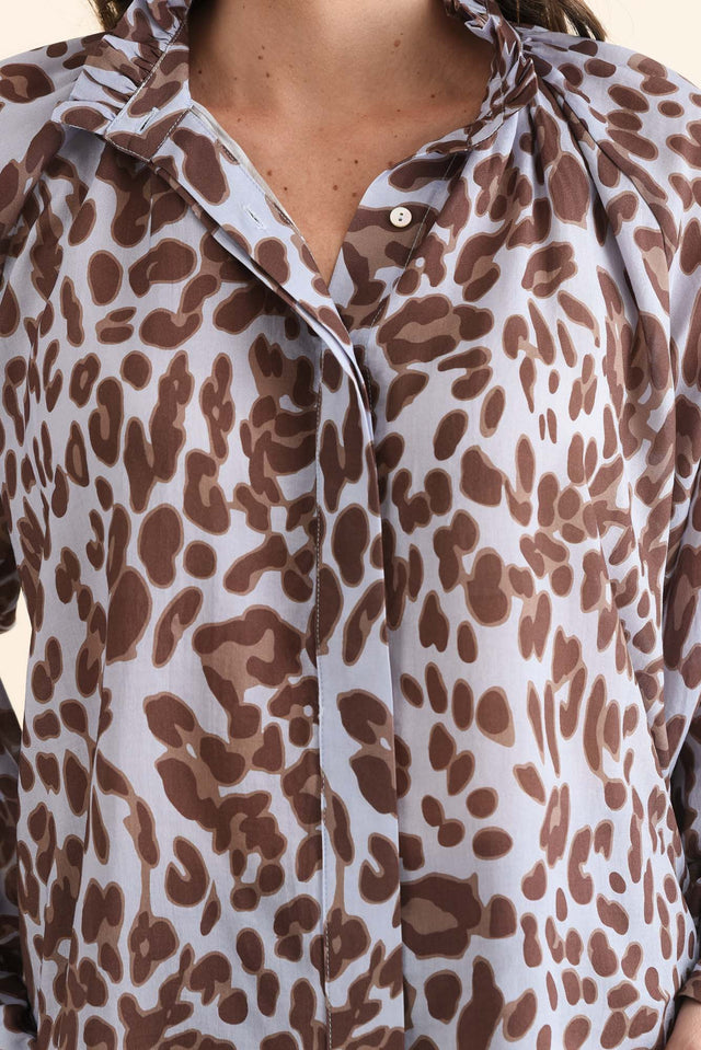 Maze Blue Leopard Ruffle Blouse,Detail,Brunette model,alt text|model:MJ image 5