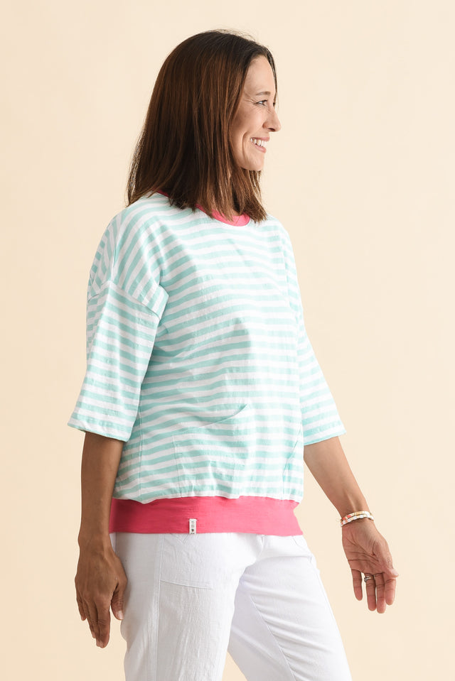 Mazie Light Blue Stripe Cotton Sweat,Side,Brunette model,alt text|model:Cara image 3