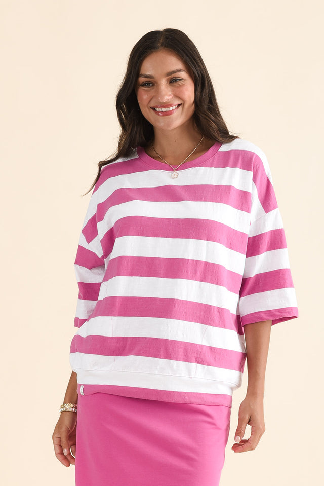 Mazie Pink Stripe Cotton Sweat,Front,Brunette model,alt text|model:Brontie image 1
