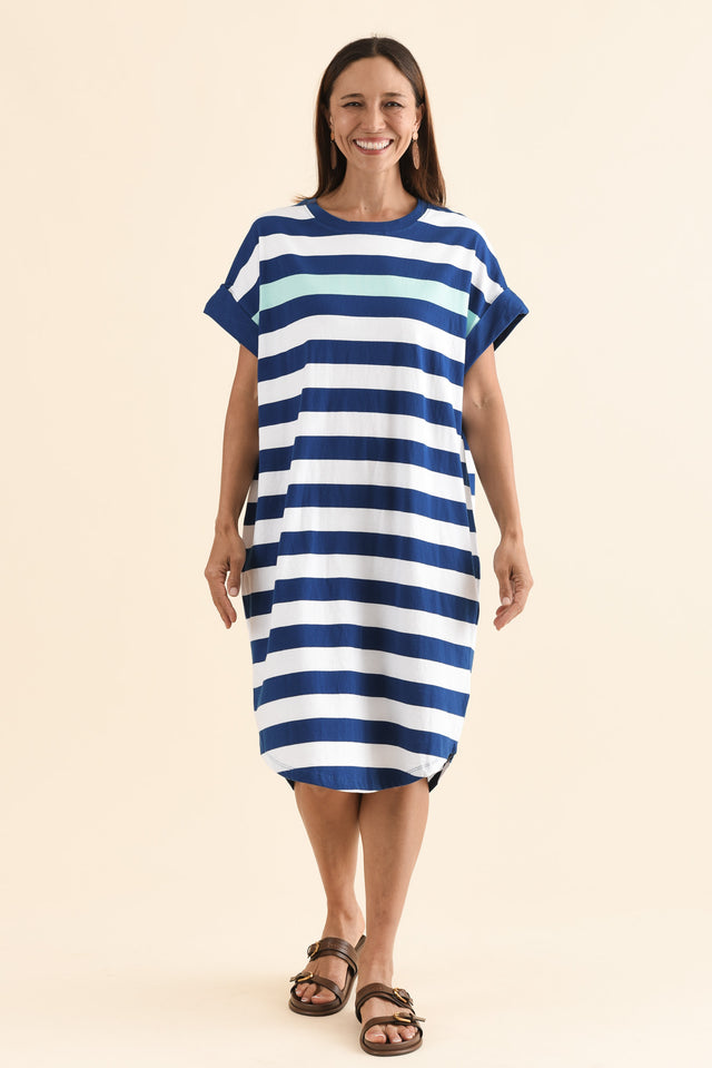 McKinley Cobalt Stripe Cotton Dress,Front,Brunette model,alt text|model:Cara image 1