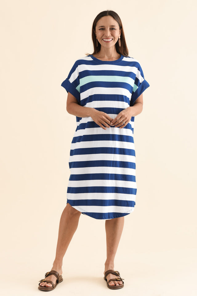 McKinley Cobalt Stripe Cotton Dress,Full Body,Brunette model,alt text|model:Cara image 6