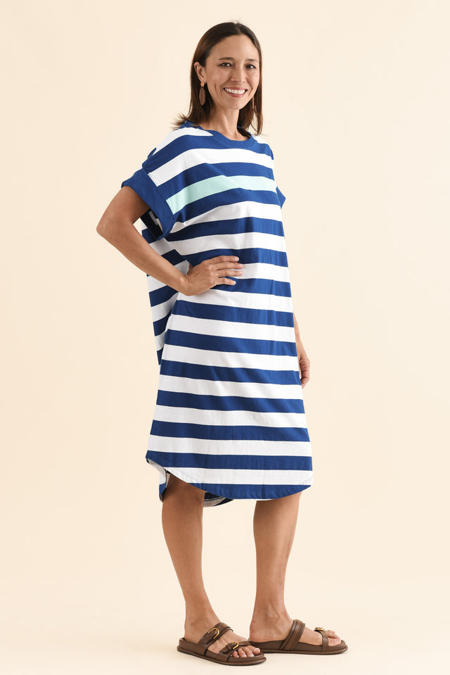 McKinley Cobalt Stripe Cotton Dress,Side,Brunette model,alt text|model:Cara image 3