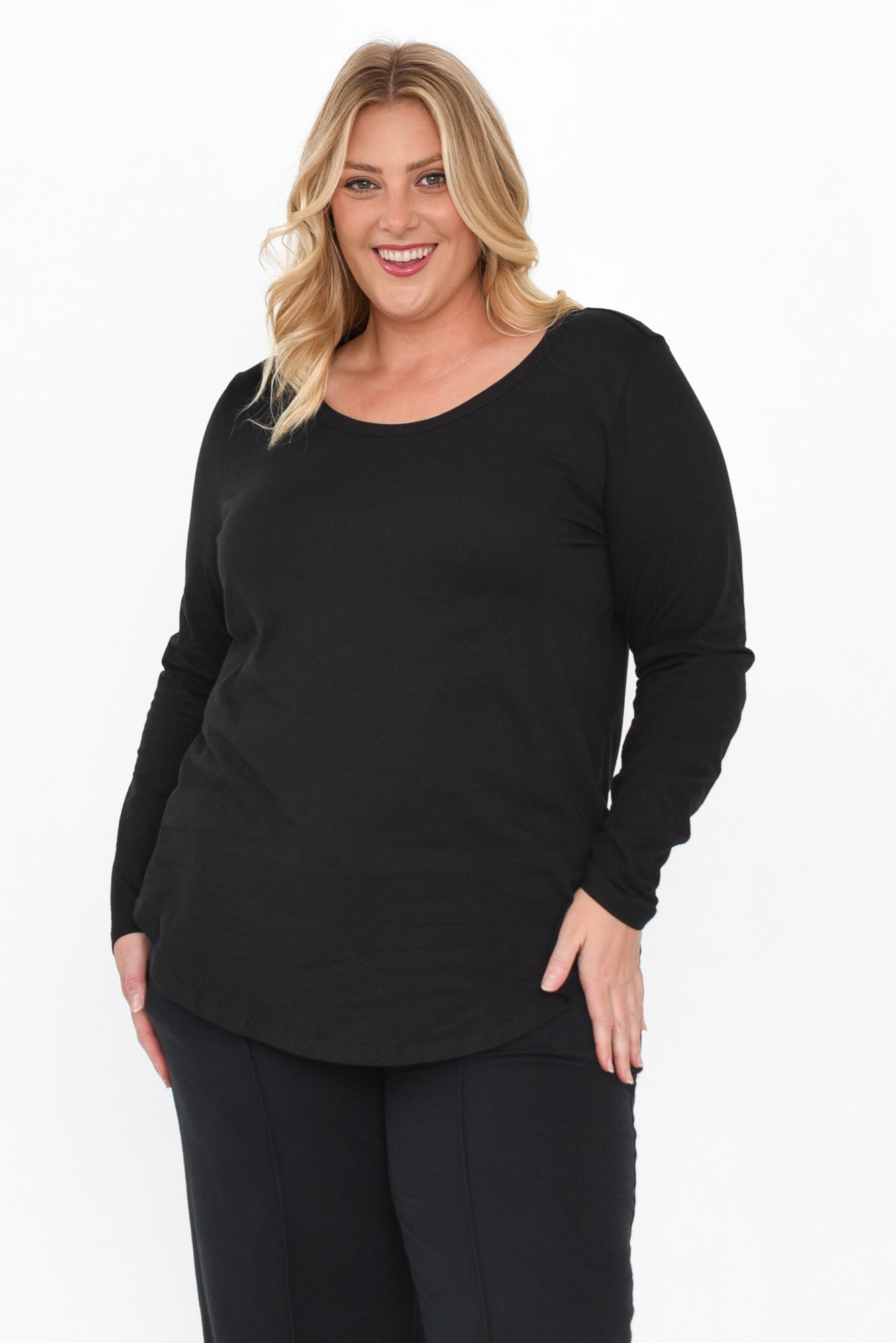 Megan Black Cotton Long Sleeve Top - Blue Bungalow AU