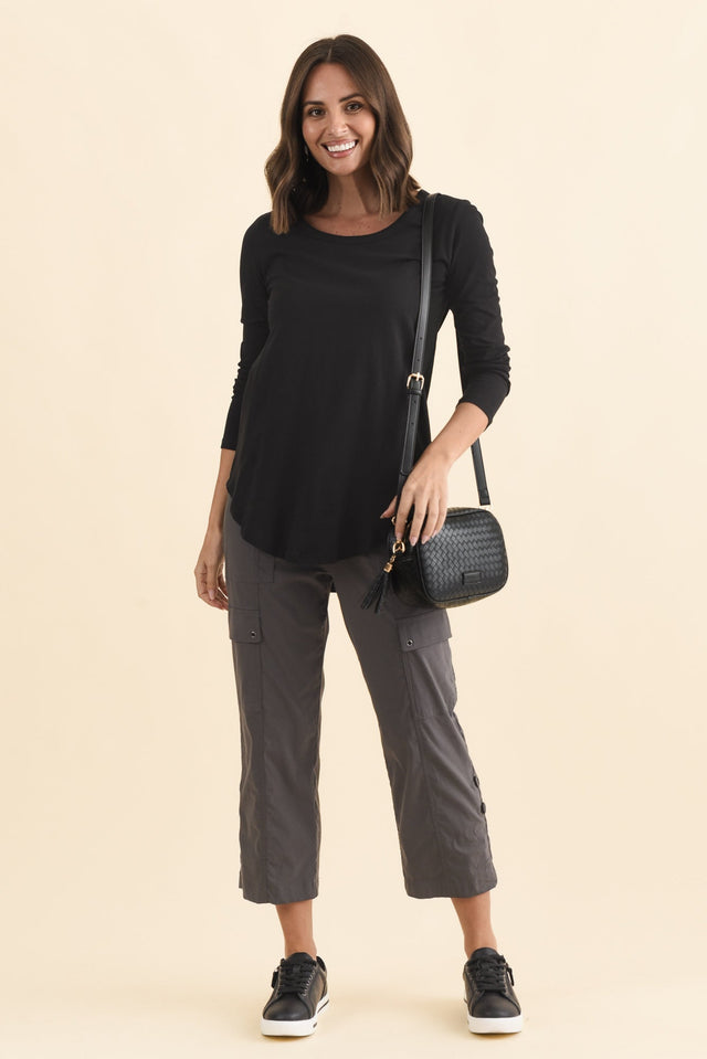 Megan Black Cotton Long Sleeve Top,Brunette model,alt text|model:MJ image 3