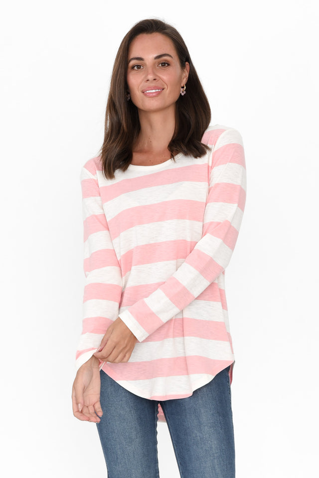 Megan Pink Stripe Cotton Long Sleeve Top neckline_Round  alt text|model:MJ;wearing:AU 8 / US 4 image 1
