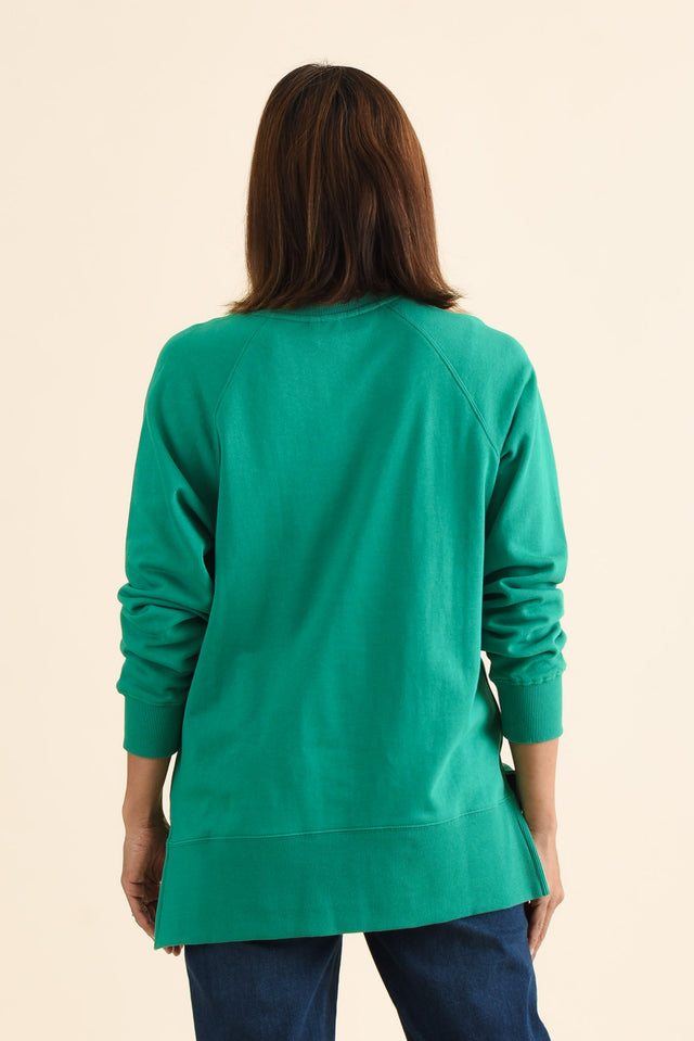 Melbourne Green Cotton Crewneck Sweatshirt,brunette model,Back of Outfit,alt text|model:Cara image 4