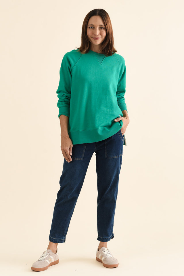 Melbourne Green Cotton Crewneck Sweatshirt,brunette model,Full Outfit,alt text|model:Cara image 2