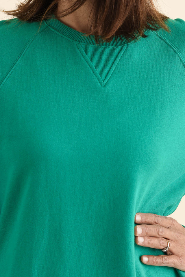 Melbourne Green Cotton Crewneck Sweatshirt,brunette model,Close up of outfit,alt text|model:Cara image 5