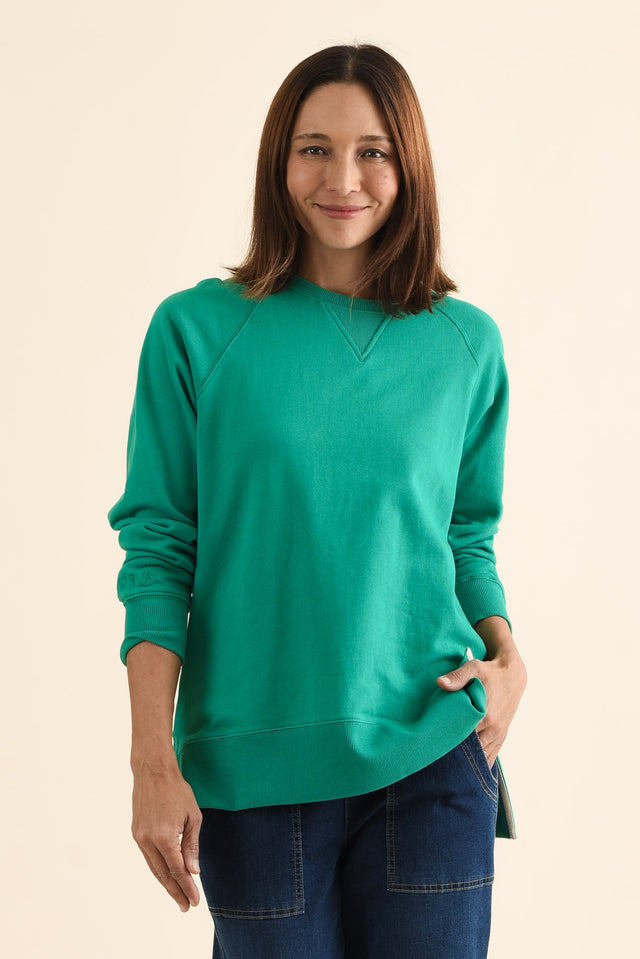 Melbourne Green Cotton Crewneck Sweatshirt,brunette model,Front of Outfit,alt text|model:Cara image 1
