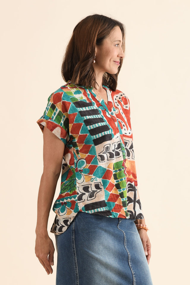 Melda Orange Tropical Organic Cotton Top,Side,Brunette model,alt text|model:Cara image 3