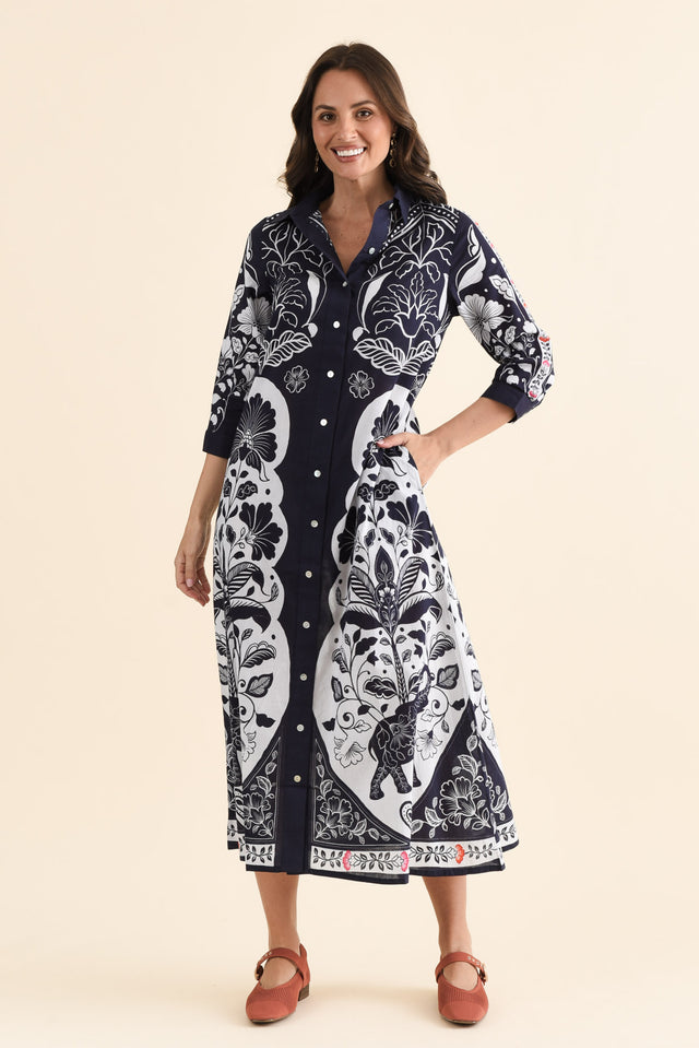 Melita Navy Motif Cotton Shirt Dress,brunette model,Front of Outfit,alt text|model:MJ image 1