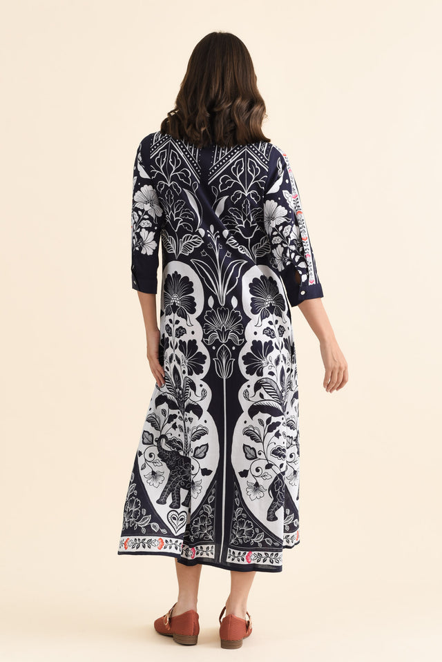 Melita Navy Motif Cotton Shirt Dress,brunette model,Back of Outfit,alt text|model:MJ image 4