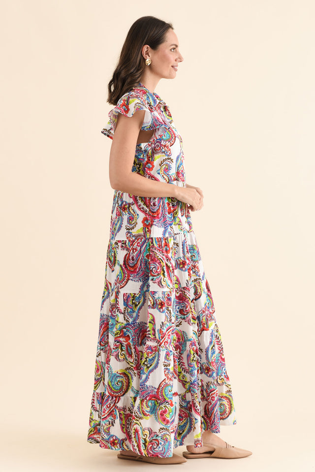 Melody White Paisley Cotton Maxi Dress,Side,Brunette model,alt text|model:MJ image 3