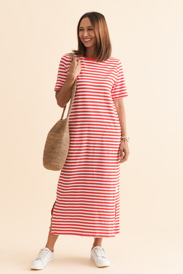 Merry Orange Stripe Cotton Tee Dress,Front,Brunette model,alt text|model:Cara image 1