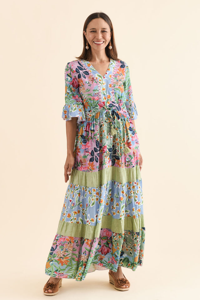 Miami Blue Garden Frill Maxi Dress,Full Body,Brunette model,alt text|model:Cara image 2