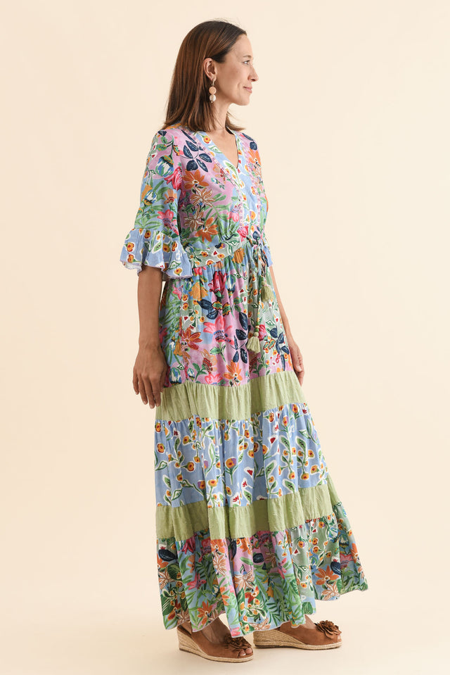 Miami Blue Garden Frill Maxi Dress,Side,Brunette model,alt text|model:Cara image 3