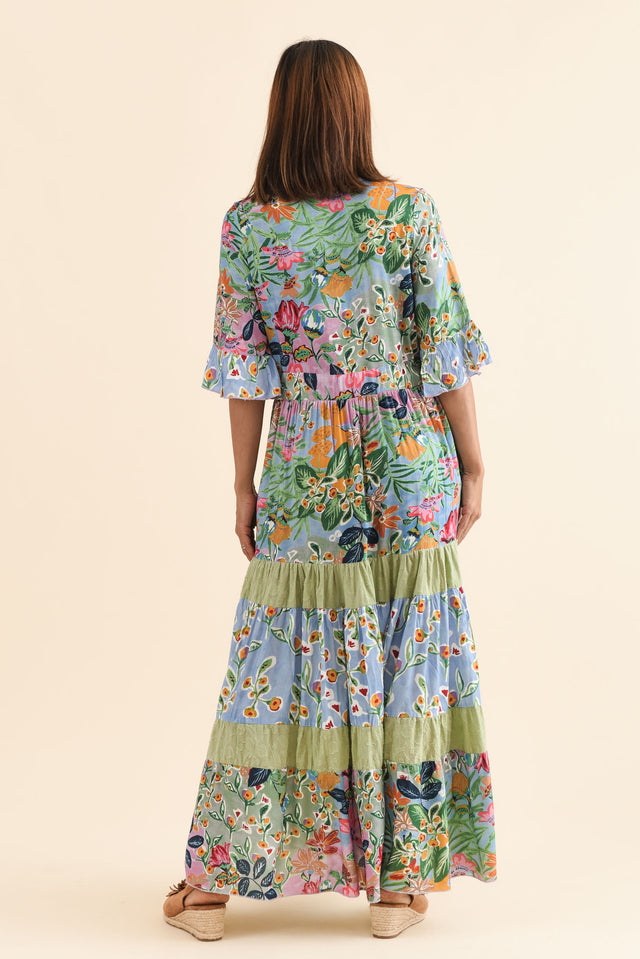 Miami Blue Garden Frill Maxi Dress,Back,Brunette model,alt text|model:Cara image 4