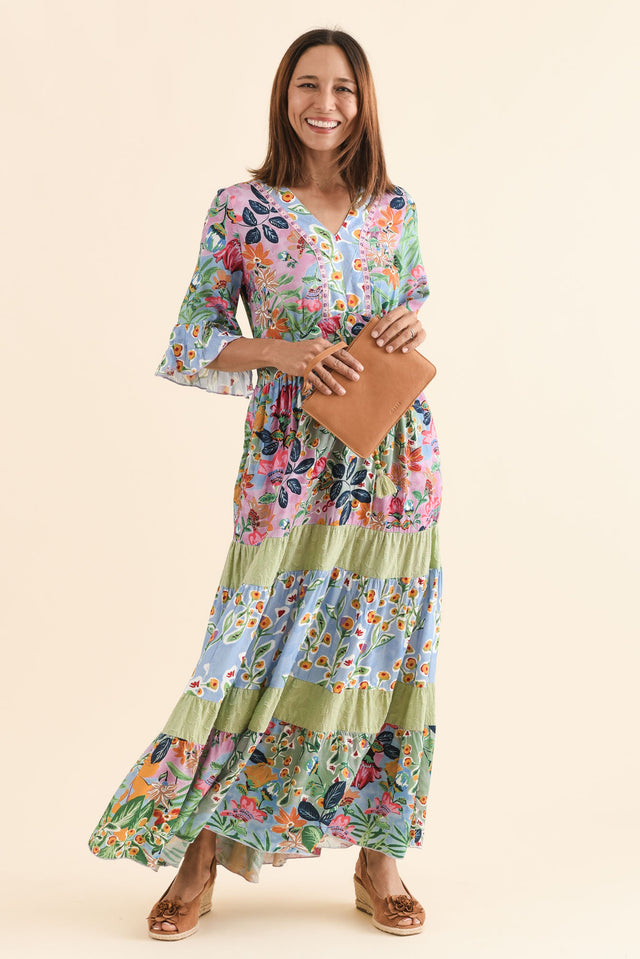 Miami Blue Garden Frill Maxi Dress,Front,Brunette model,alt text|model:Cara image 1