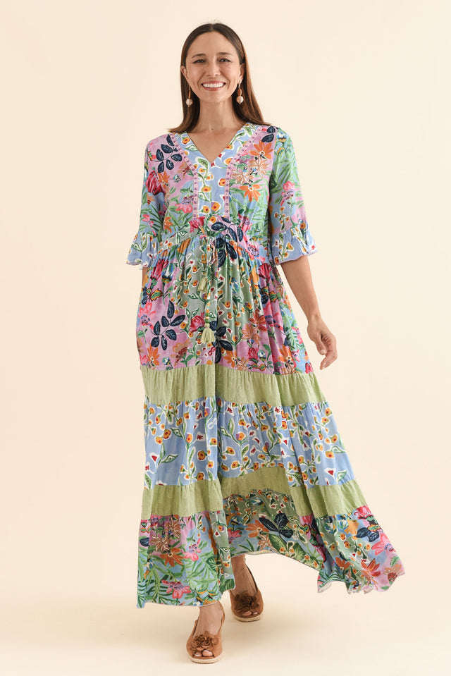 Miami Blue Garden Frill Maxi Dress,Full Body,Brunette model,alt text|model:Cara image 6