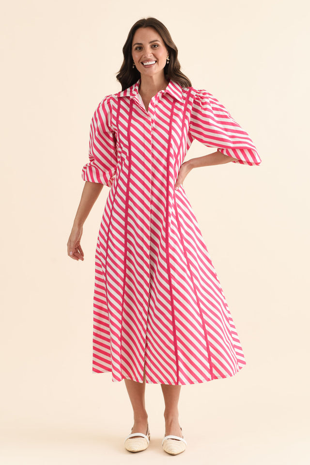 Micah Pink Stripe Cotton Poplin Dress,brunette model,Front of Outfit,alt text|model:MJ image 1
