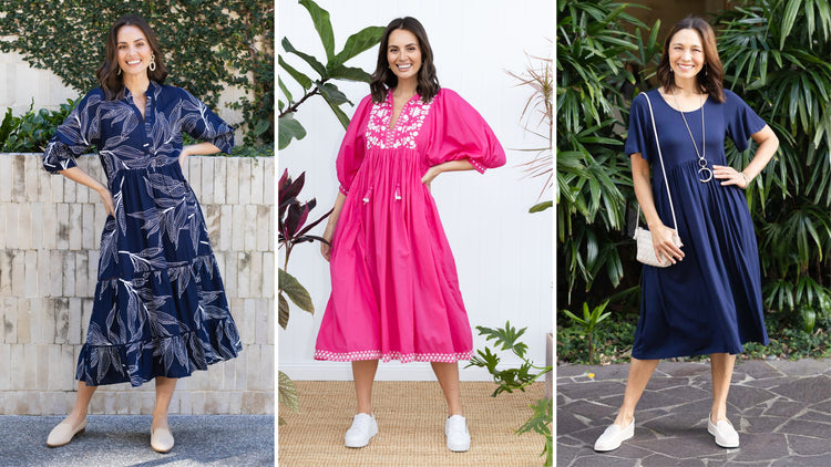 Brunette women standing in pink and navy midi dresses with a variety of jewellery and shoe styling options.
