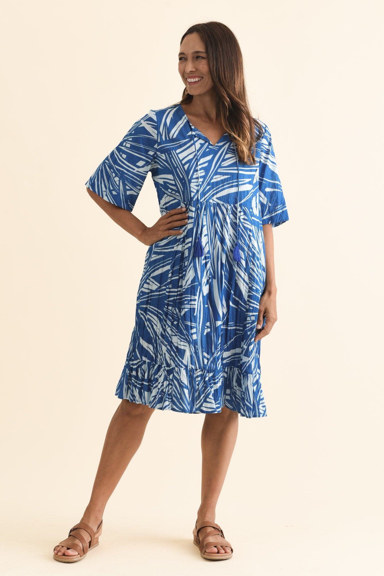 Mila Blue Leaf Crinkle Cotton Dress