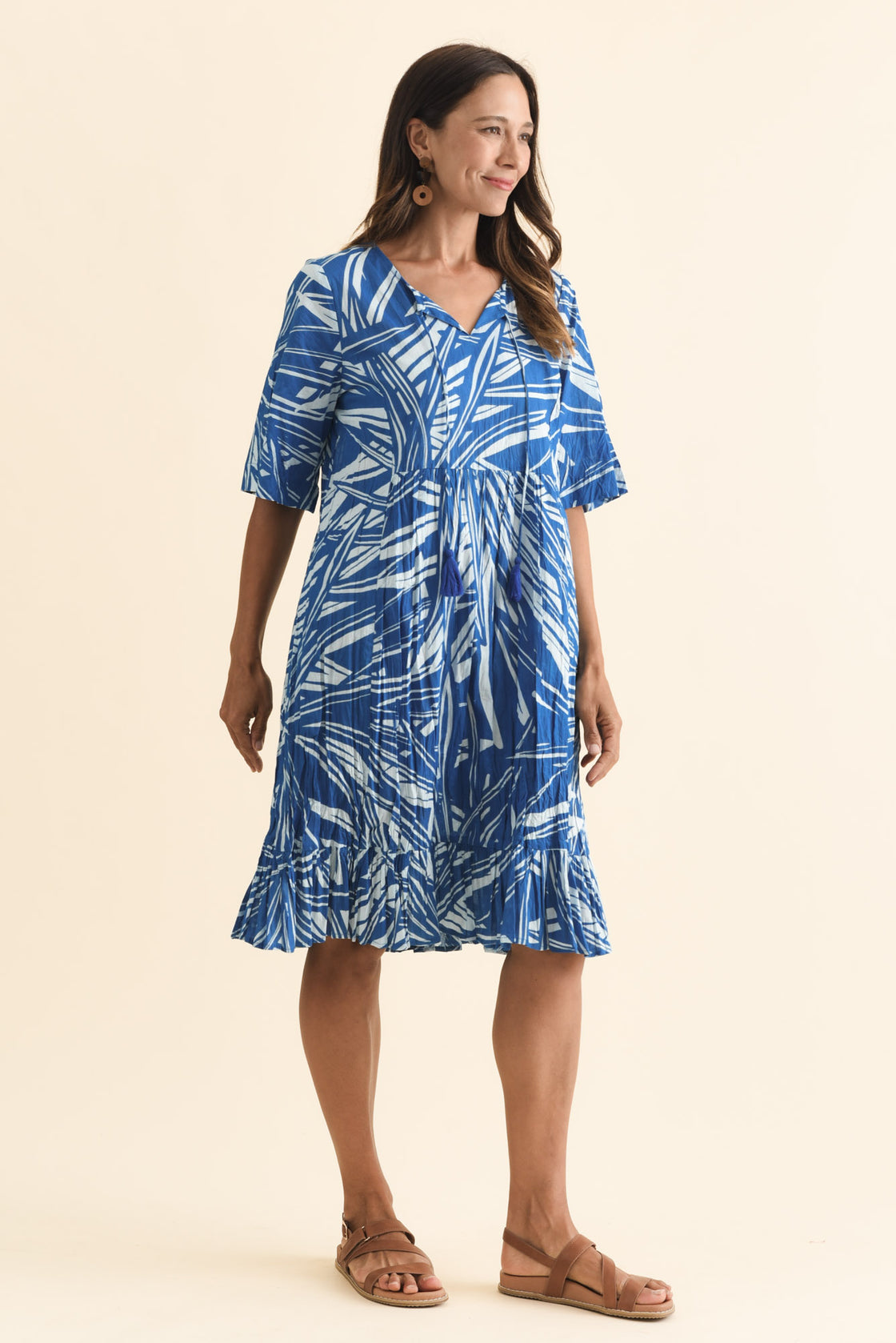 Mila Blue Leaf Crinkle Cotton Dress