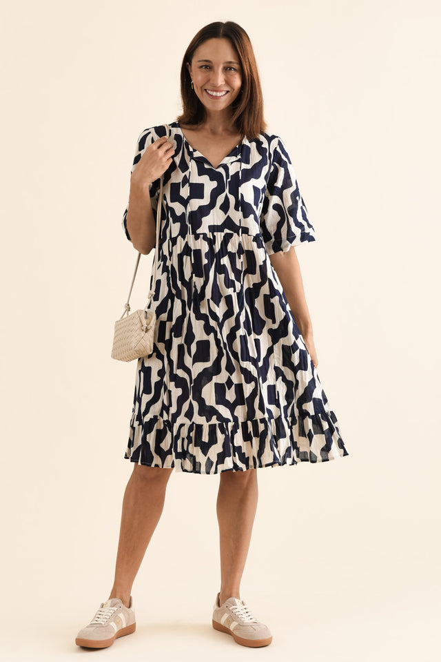 Mila Navy Motif Crinkle Cotton Dress,Front,Brunette model,alt text|model:Cara image 1
