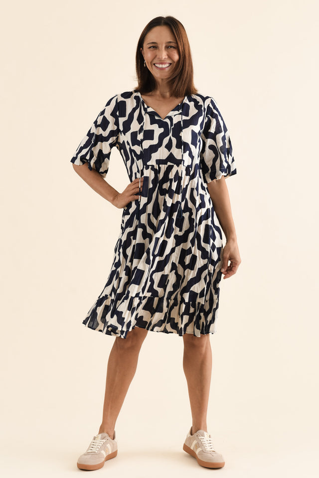 Mila Navy Motif Crinkle Cotton Dress,Full Body,Brunette model,alt text|model:Cara image 6