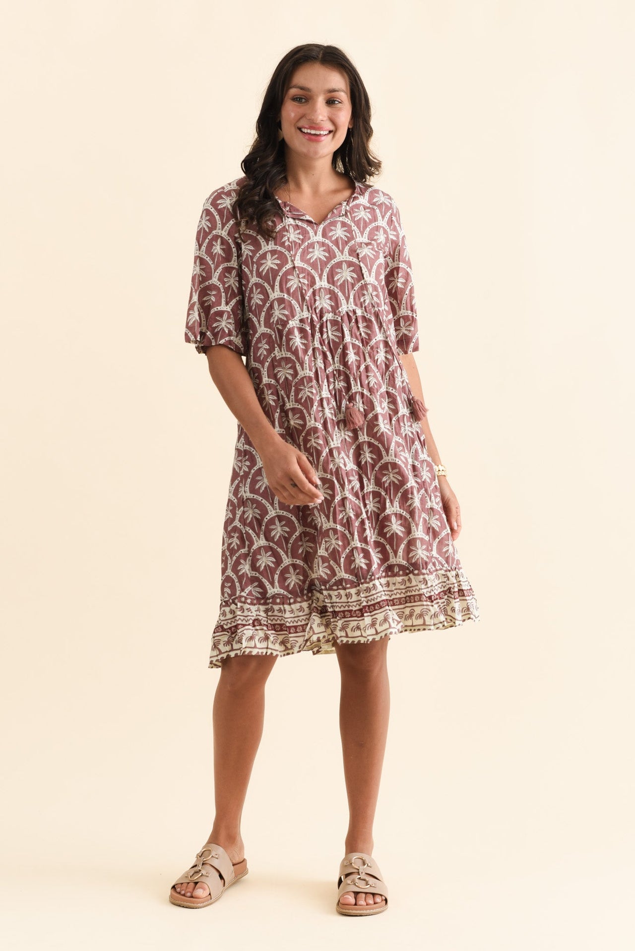 Mila Taupe Palm Crinkle Cotton Dress