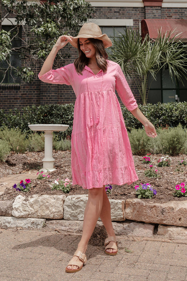 Milana Bright Pink Crinkle Cotton Dress thumbnail 2