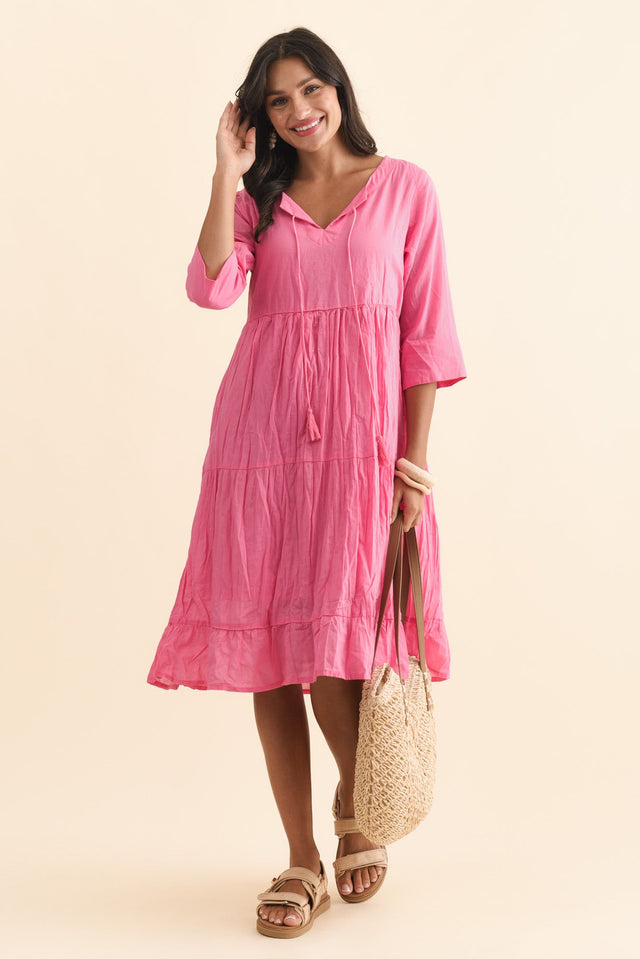 Milana Bright Pink Crinkle Cotton Dress,Brunette model,alt text|model:Brontie image 3