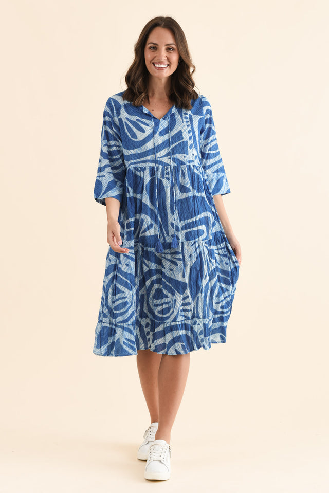 Milana Cobalt Abstract Crinkle Cotton Dress,Front,Brunette model,alt text|model:MJ image 1