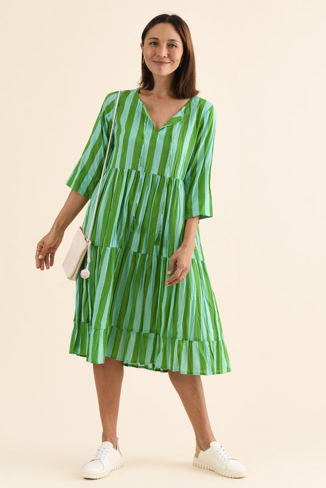 Milana Green Stripe Crinkle Cotton Dress,Full Body,Brunette model,alt text|model:Cara image 4