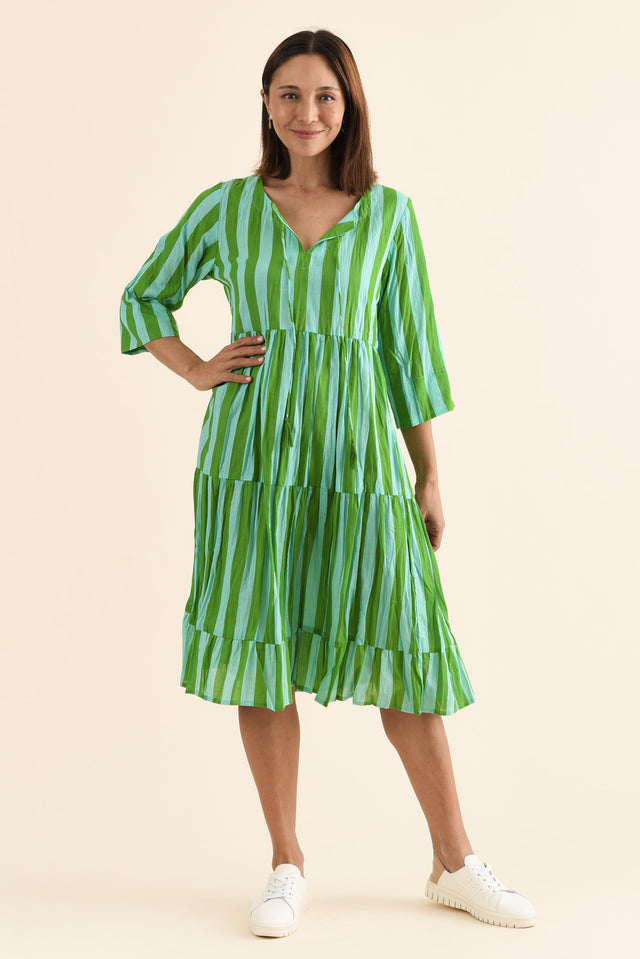 Milana Green Stripe Crinkle Cotton Dress,Front,Brunette model,alt text|model:Cara image 1