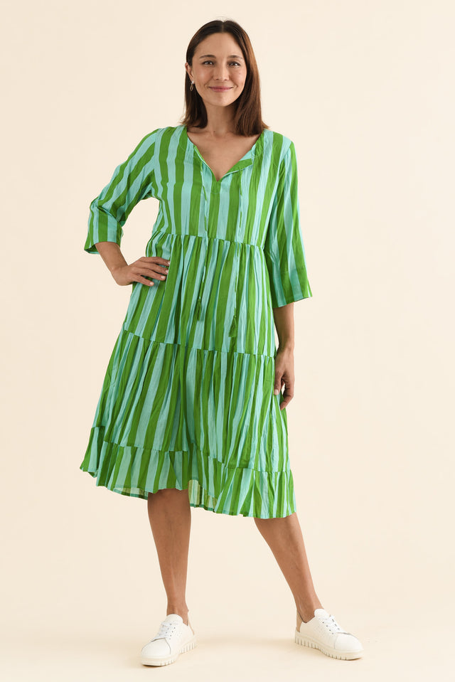 Milana Green Stripe Crinkle Cotton Dress,Full Body,Brunette model,alt text|model:Cara image 8