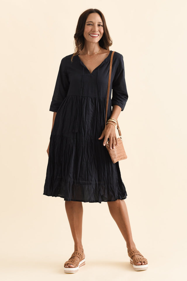 Milana Navy Crinkle Cotton Dress,Brunette model,alt text|model:Cara image 3