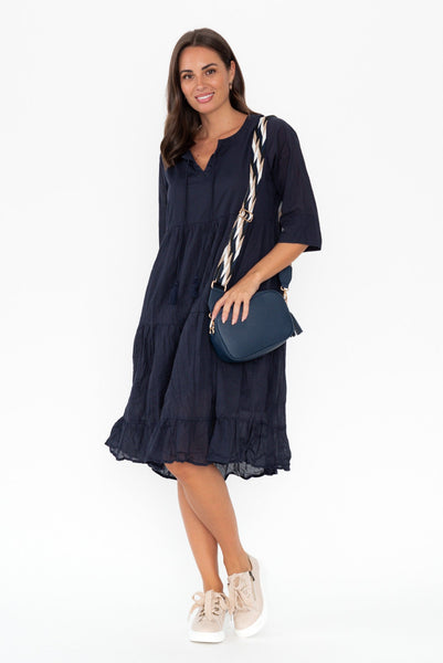 Nona Navy Crinkle Cotton Maxi Dress