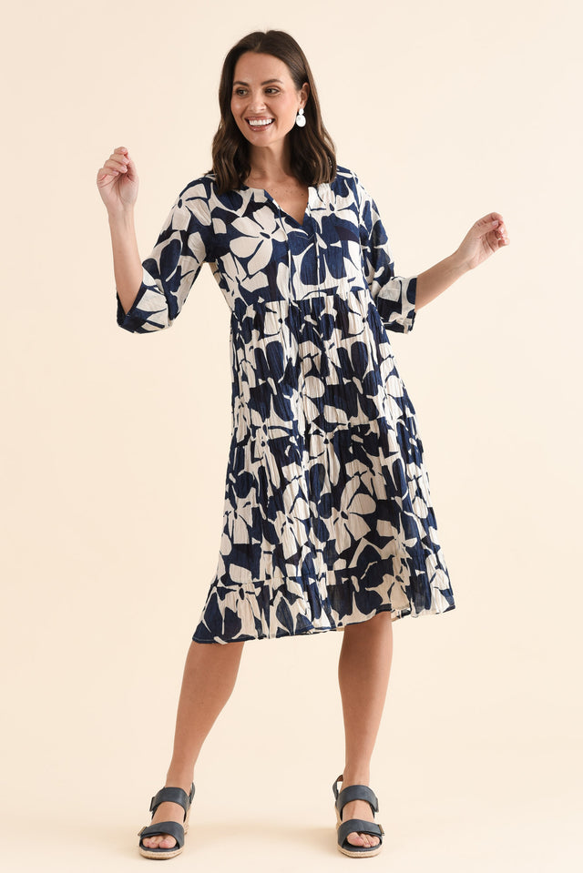Milana Navy Garden Crinkle Cotton Dress,Full Body,Brunette model,alt text|model:MJ image 3