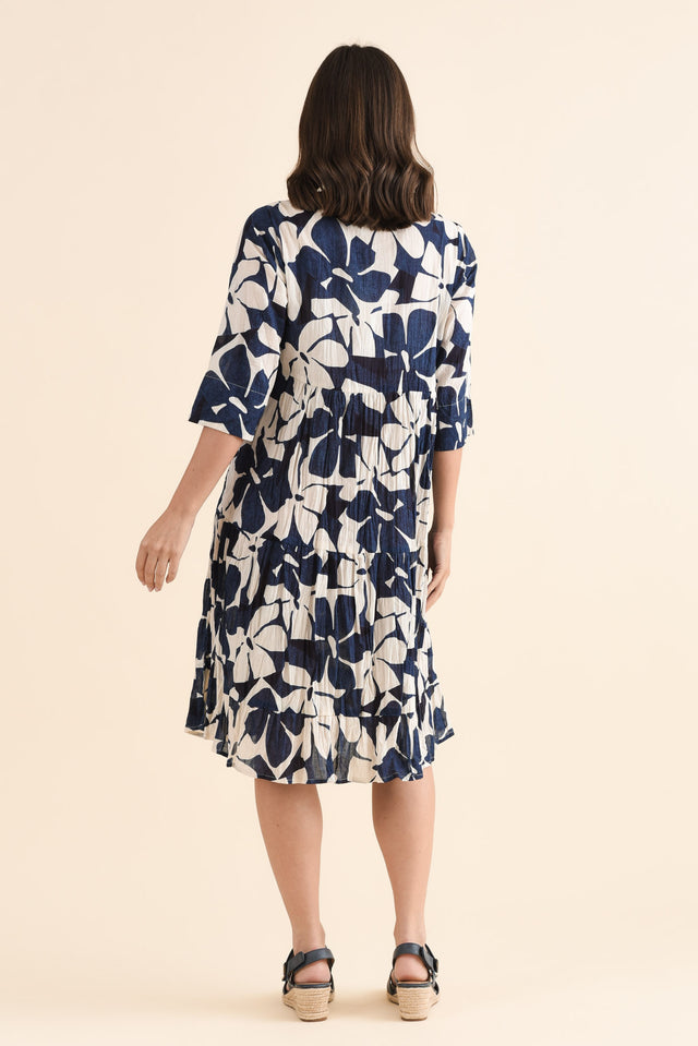 Milana Navy Garden Crinkle Cotton Dress,Back,Brunette model,alt text|model:MJ image 5
